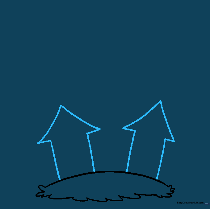 Sketching the lower side wings of the house with triangular roofs.