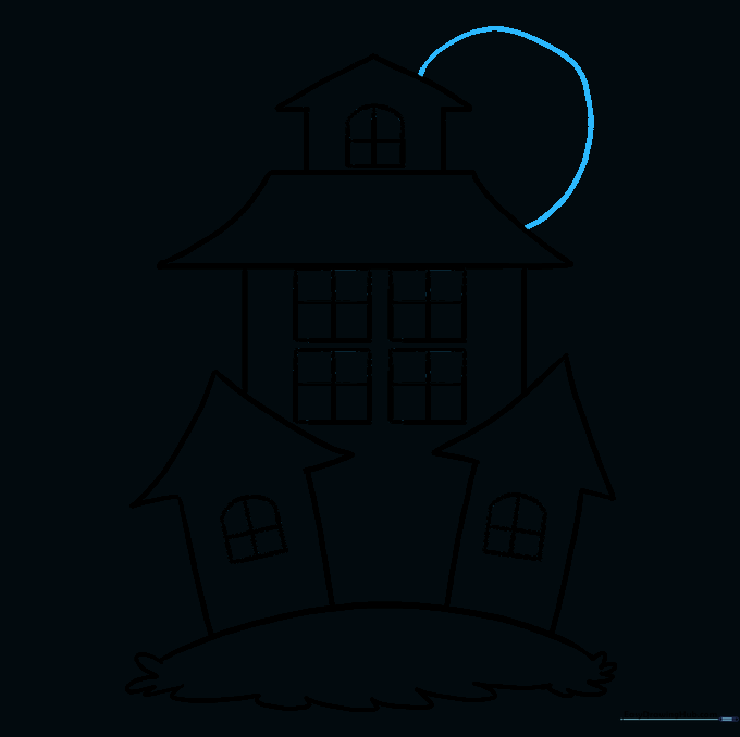 Drawing a large full moon behind the haunted house silhouette.
