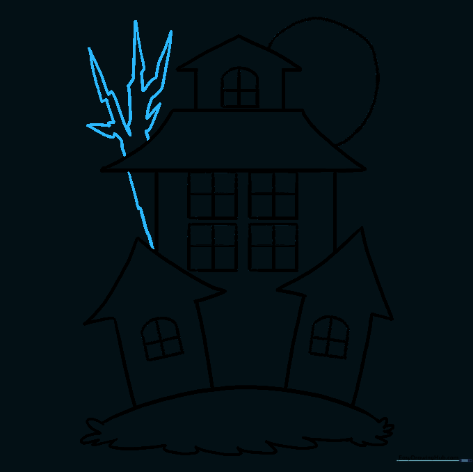 Adding a gnarled, spooky tree with sharp branches next to the house.