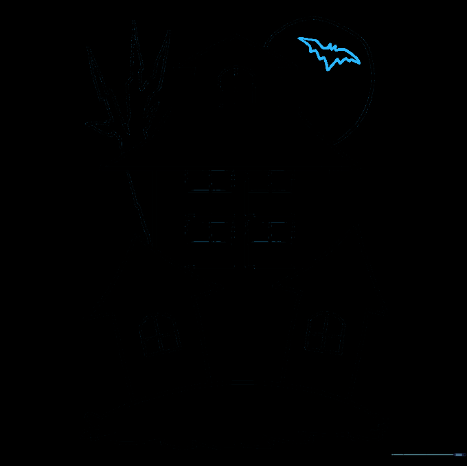 Drawing a small, silhouetted bat flying in front of the moon.