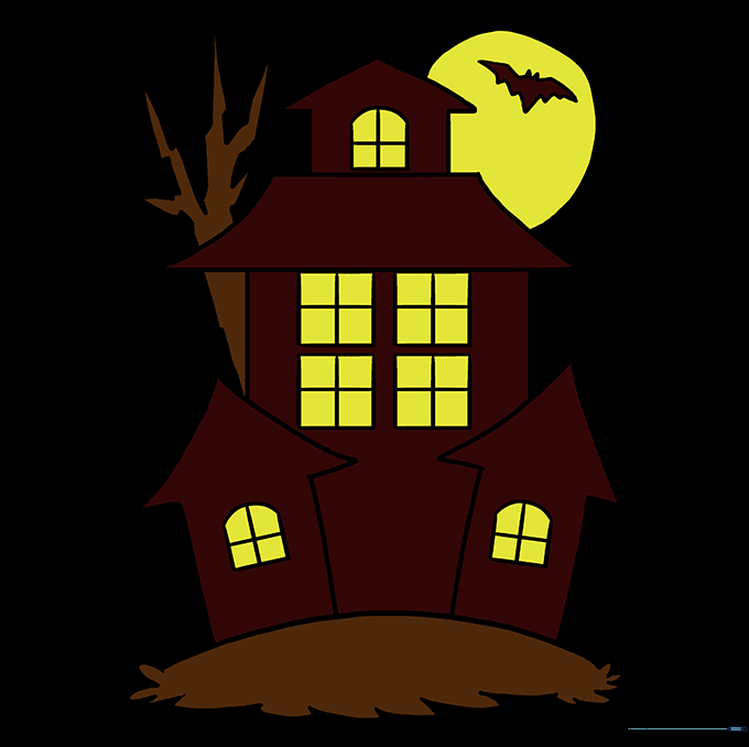 A fully colored and detailed haunted house drawing with a night sky and glowing windows.