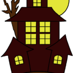 Colorful and spooky haunted house drawing, perfect for Halloween art projects.