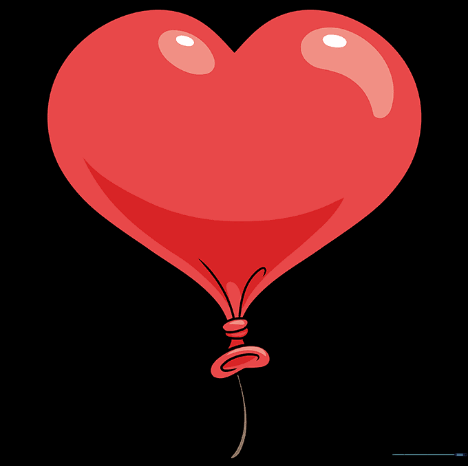 The completed heart balloon drawing colored in shades of red with white highlights.