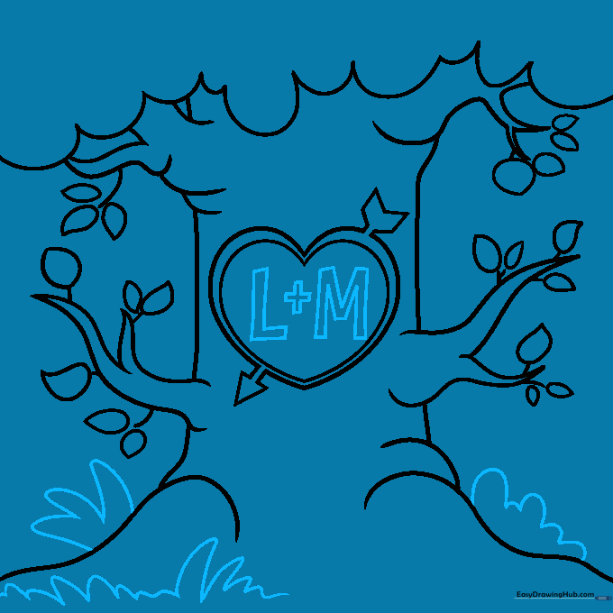 Adding initials to the heart and drawing grass at the base of the tree.