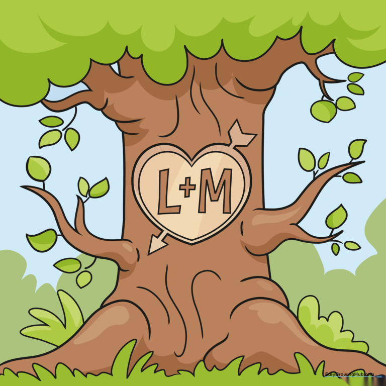 A vibrant, finished drawing of a heart carved into a tree trunk, surrounded by green leaves and grass.