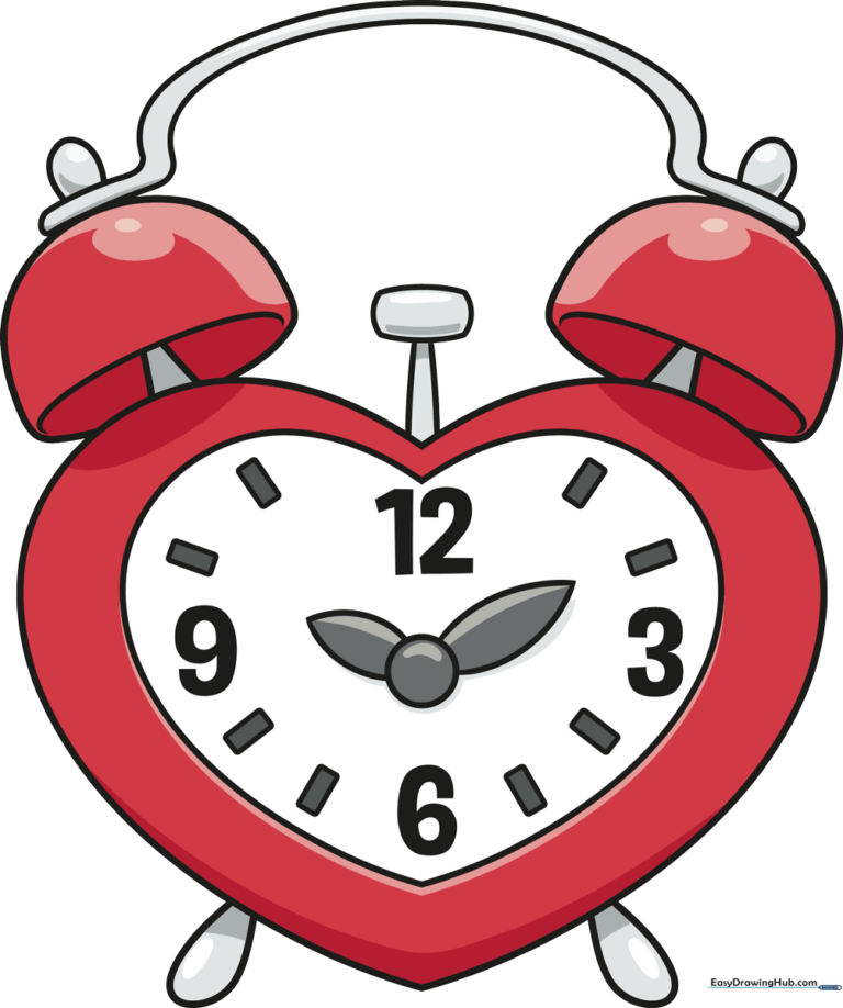 A colorful, finished heart-shaped alarm clock illustration.