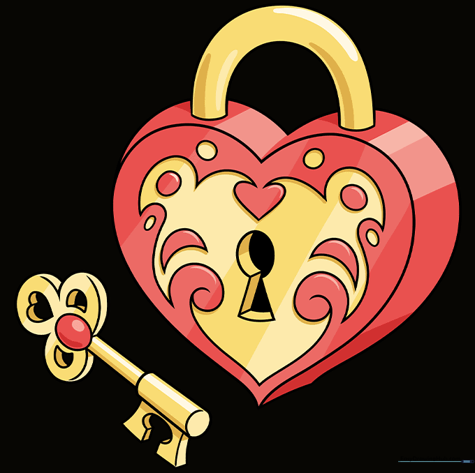 Finished, colored drawing of a heart locket and key in golden crimson tones.