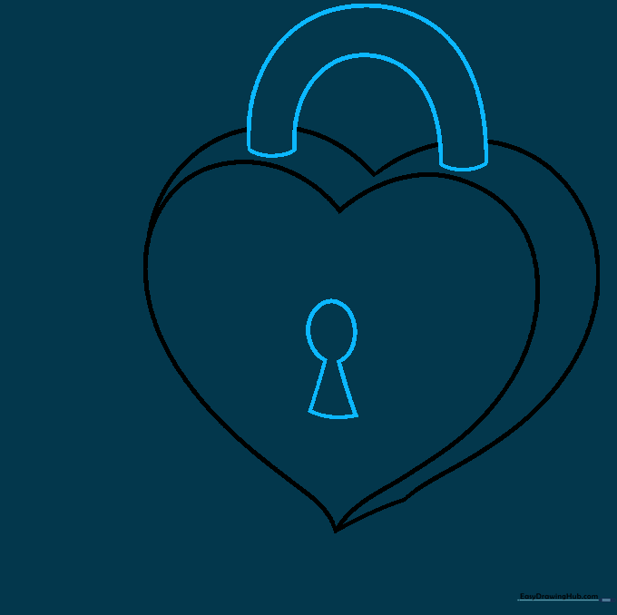 Drawing of a heart locket with a hinge loop on top and a keyhole in the center.