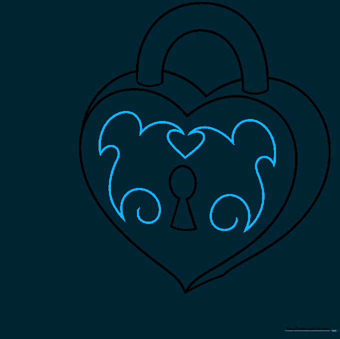 Adding decorative filigree swirls around the central keyhole of the heart locket.