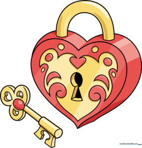 A beautifully colored, finished heart locket drawing with a matching key.