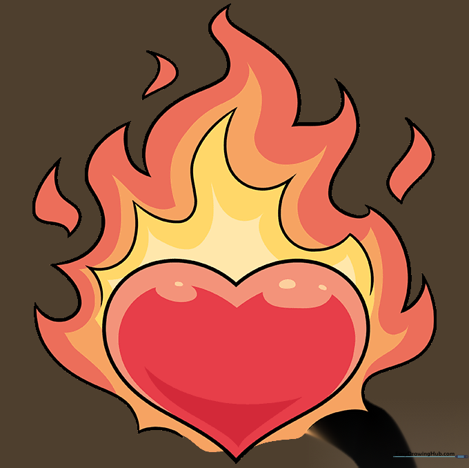 The finished, colored drawing of a heart on fire with vibrant red, orange, and yellow hues.