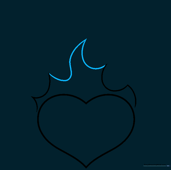 A larger flame shape outlined above the heart using curved lines meeting at a point.