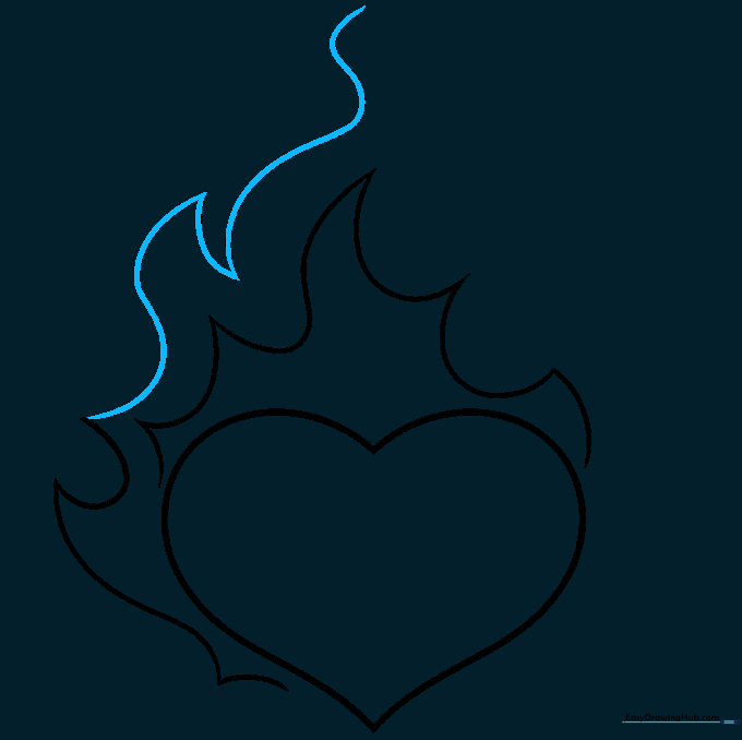 A second, outer layer of flame shapes being drawn around the heart.