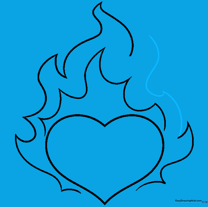 Refining the flame edges with additional curved lines for a fuller look.