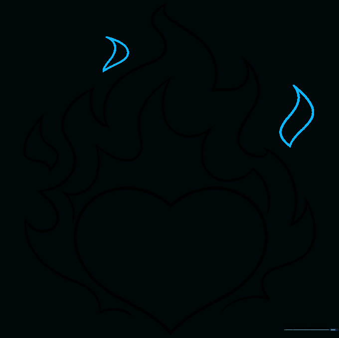 The completed line drawing of a heart on fire with all flame details added.