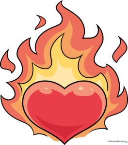 A vibrant, finished illustration of a heart on fire, showcasing bold colors and clean lines.