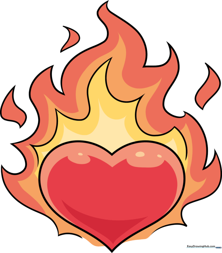 A vibrant, finished illustration of a heart on fire, showcasing bold colors and clean lines.