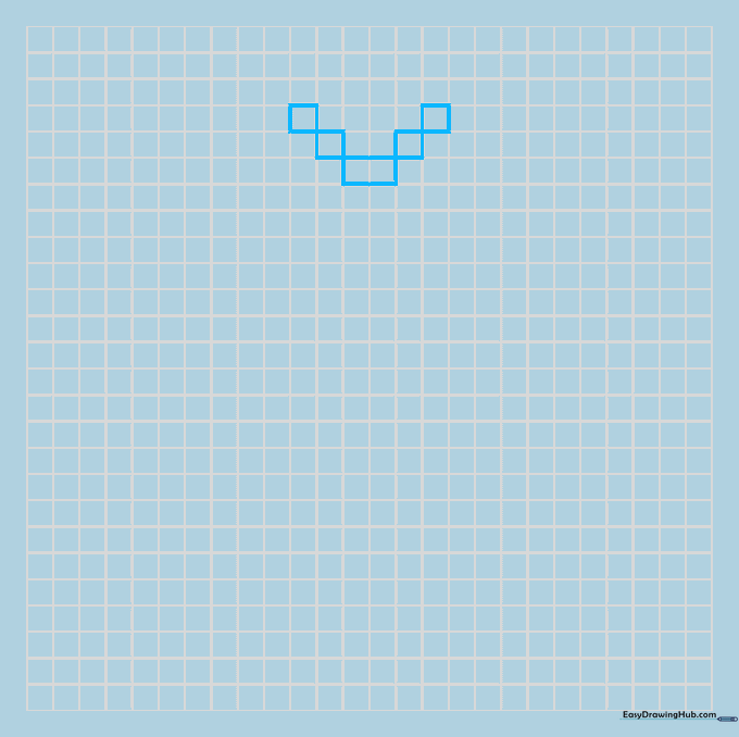 Close up of two center squares and two diagonal squares forming the top of a pixel heart on grid paper.