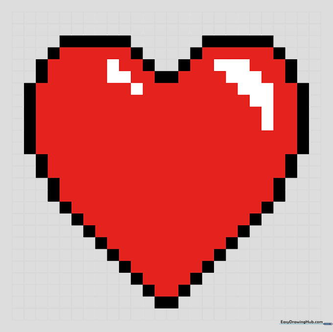The finished pixel heart colored in red with white highlights.