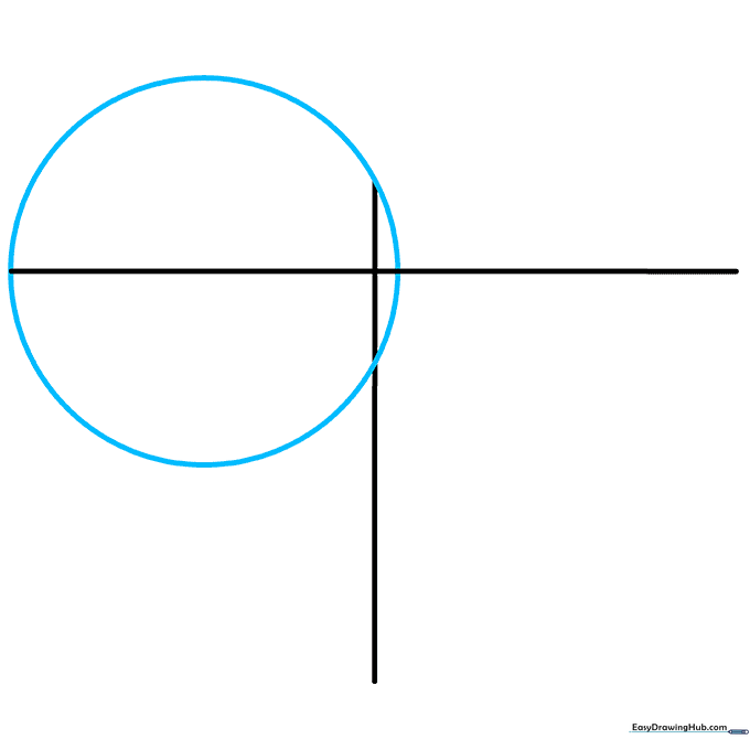 A circle sketched on the left side of the T-guide to form the first lobe of the heart.