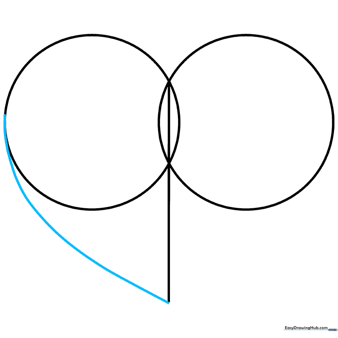 A curved line connecting the bottom of the vertical guide to the left circle.
