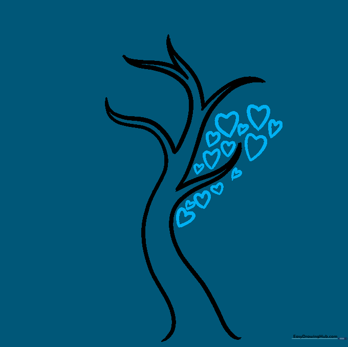 Small heart shapes being drawn along the branches of the tree.