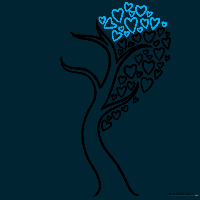 Hearts arranged to form the top curve of a large heart-shaped tree crown.
