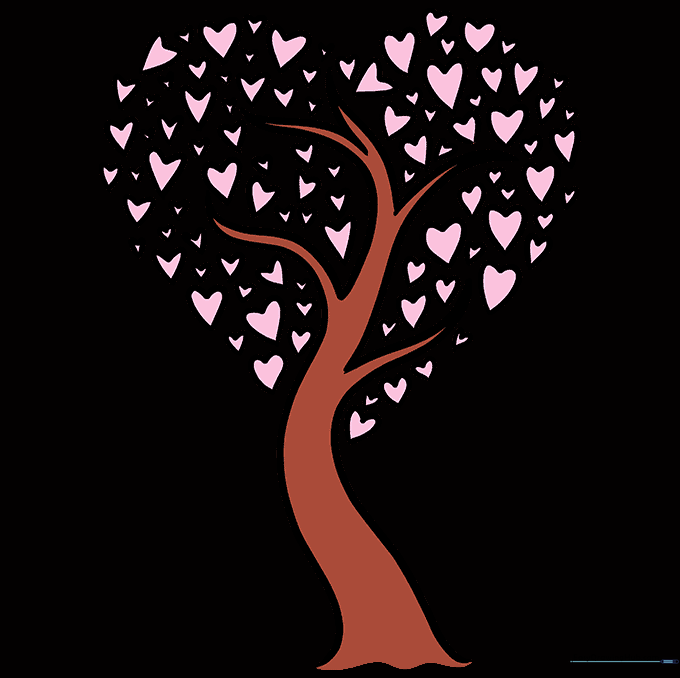The finished heart tree drawing colored in various shades of pink.