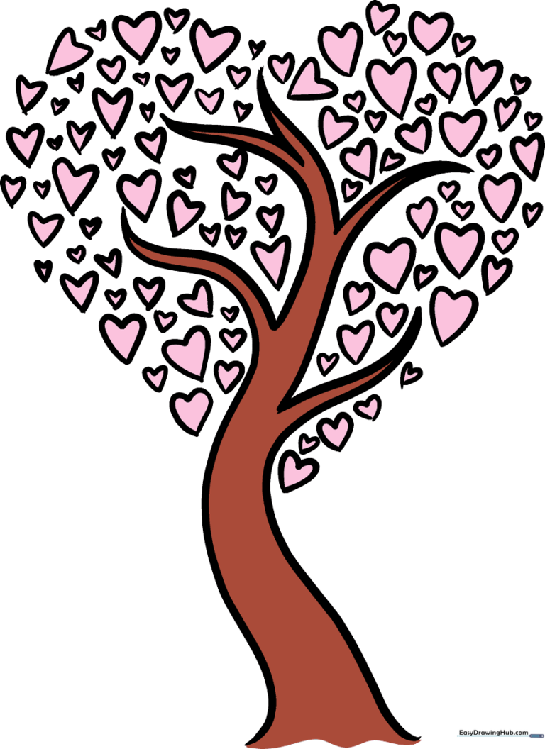 A colorful, finished illustration of a heart-shaped tree.
