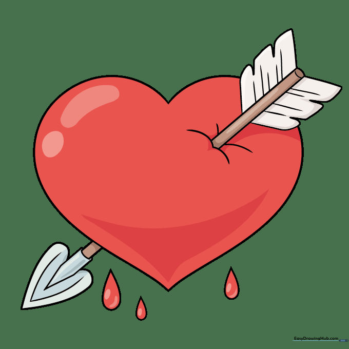 The finished, colored drawing of a heart with an arrow.