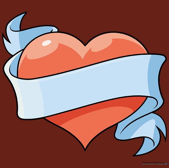A finished, colorful drawing of a red heart with a blue ribbon banner.