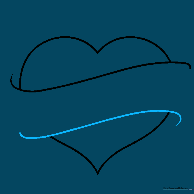 Heart with a defined ribbon banner; overlapping heart lines have been erased.