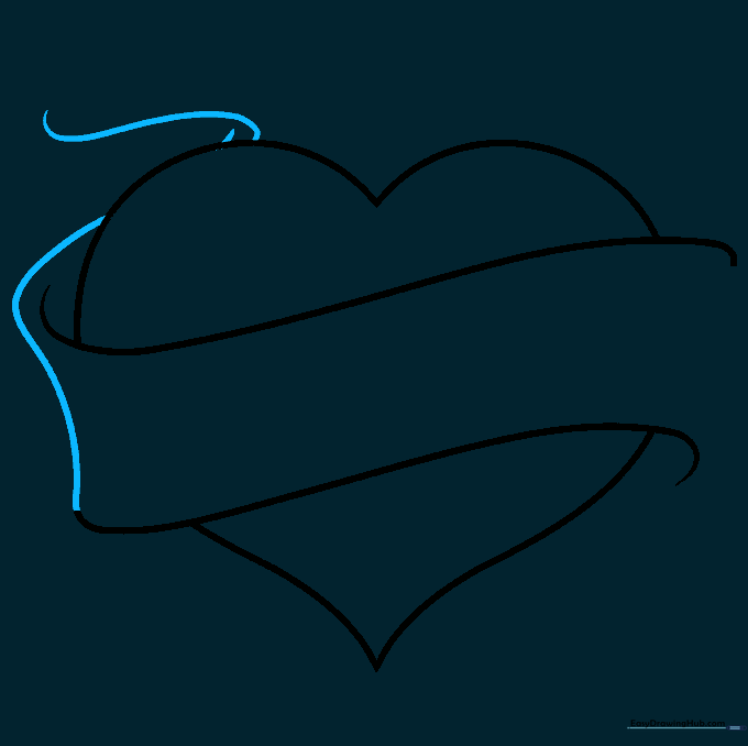 The ribbon banner is extended with curved lines wrapping around the heart.