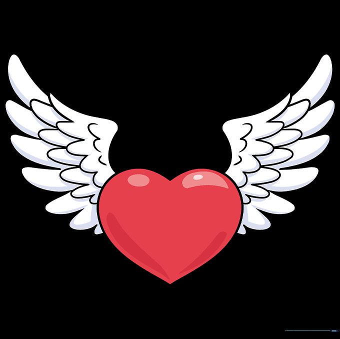 Finished, colored drawing of a red heart with white wings.