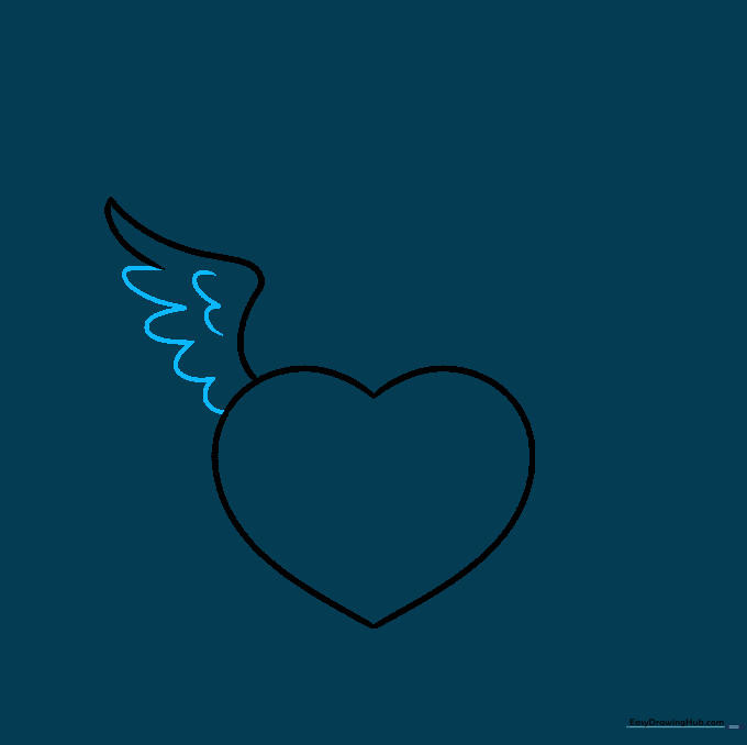 Drawing a single curved line extending from the heart to begin the wing structure.
