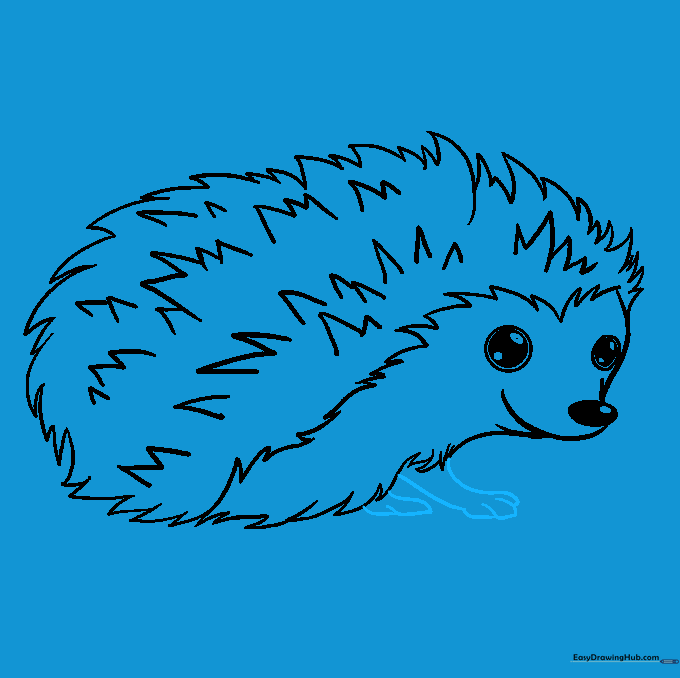 Detailed view of the hedgehog's small feet drawn with overlapping curved lines.