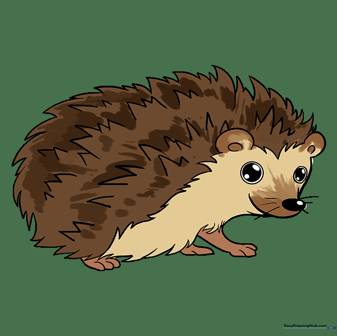 A fully colored, cute hedgehog drawing with brown and tan tones.