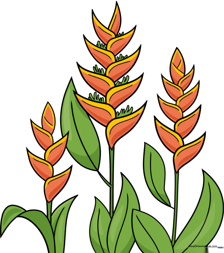 Brightly colored Heliconia flowers in a tropical garden setting.