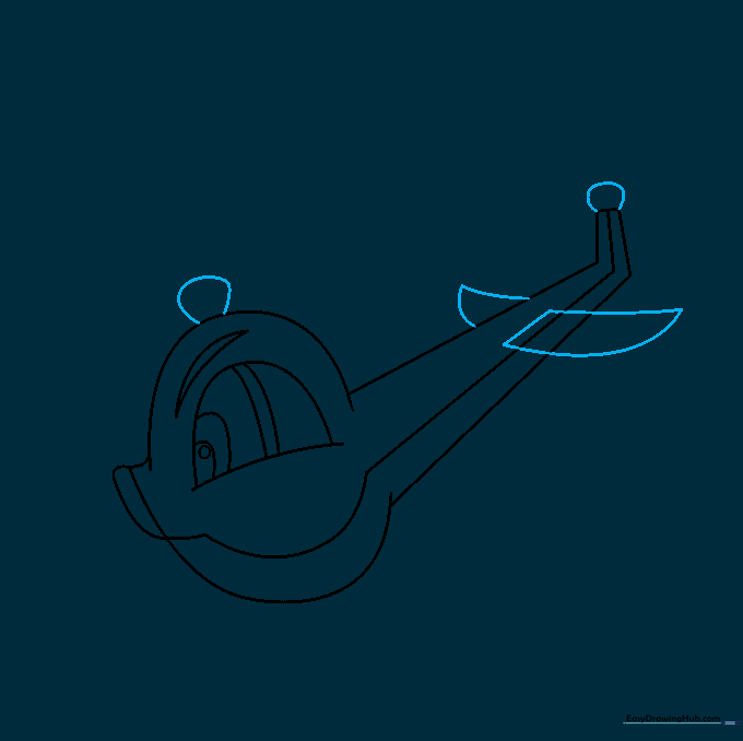 Drawing the rotor mast on top and horizontal stabilizers on the tail.