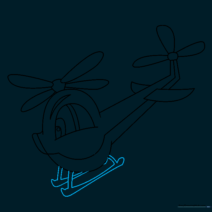 Drawing the landing skids underneath the helicopter body.