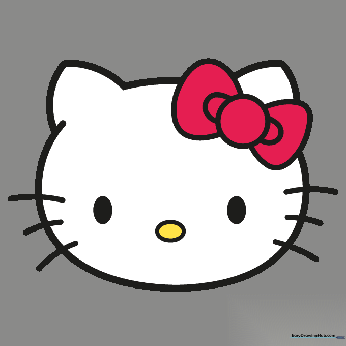 The finished Hello Kitty drawing with bold black outlines, a yellow nose, and a pink bow.