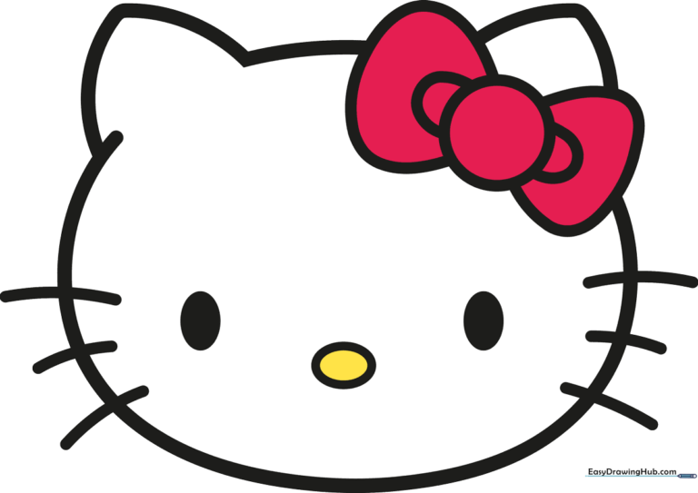 Colorful, finished illustration of Hello Kitty's face, showcasing the final result of the tutorial.