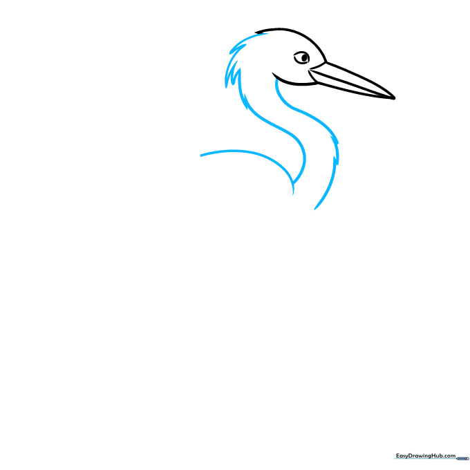 The heron's head connected to a long, S-shaped neck with jagged feather details.