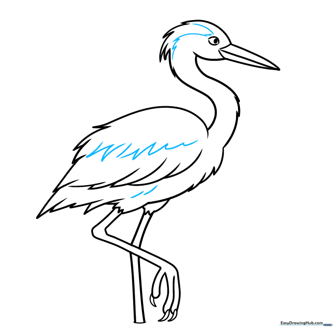 Adding fine feather details to the heron's body using small jagged lines.