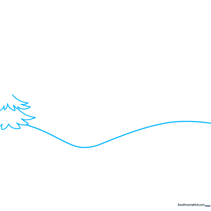 Pencil sketch of a wavy horizon line with the start of a jagged evergreen tree on the left.