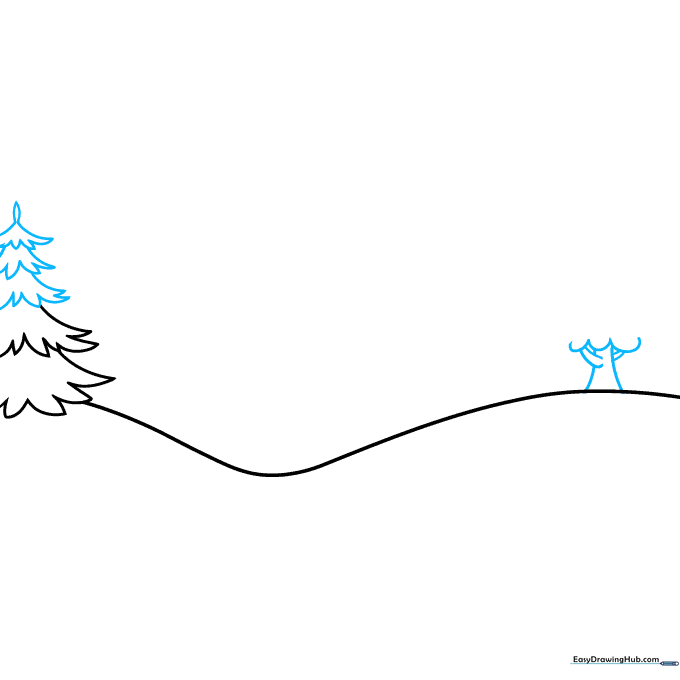 Drawing showing a layered evergreen tree and the beginning of a rounded deciduous tree on a hill.