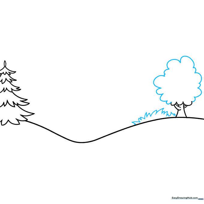 Close up of a deciduous tree crown and small patches of grass drawn with jagged lines.