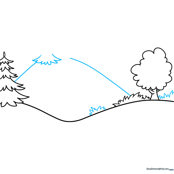 Adding a background hill and a second evergreen tree to the landscape sketch.
