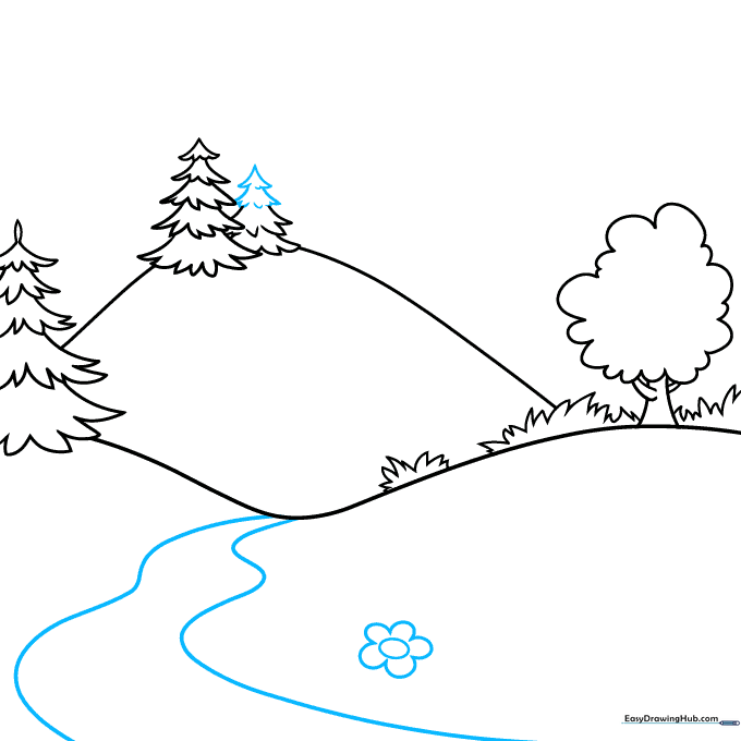 Sketch of a winding stream and a single daisy flower in the foreground.