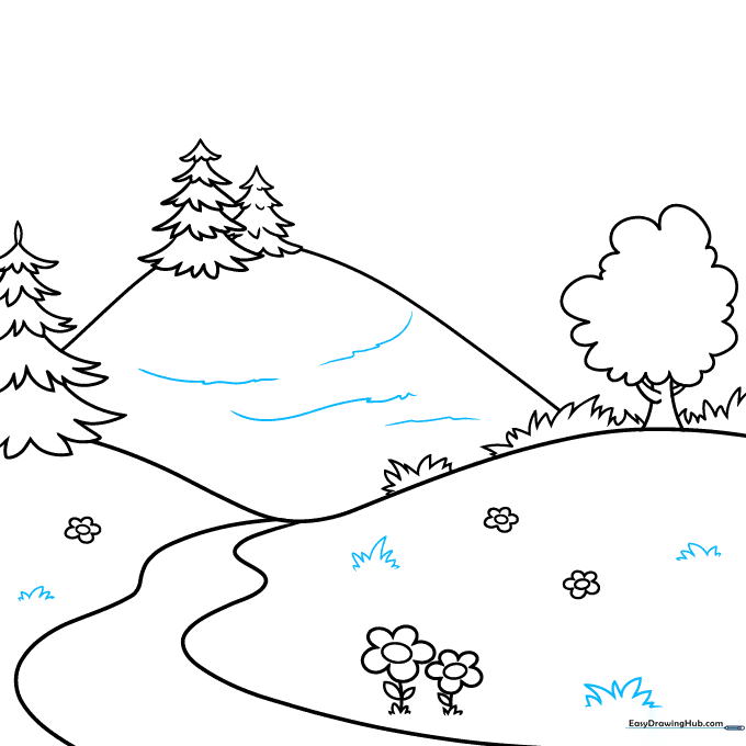 Adding texture to the hillsides with small grass patches and wavy lines.